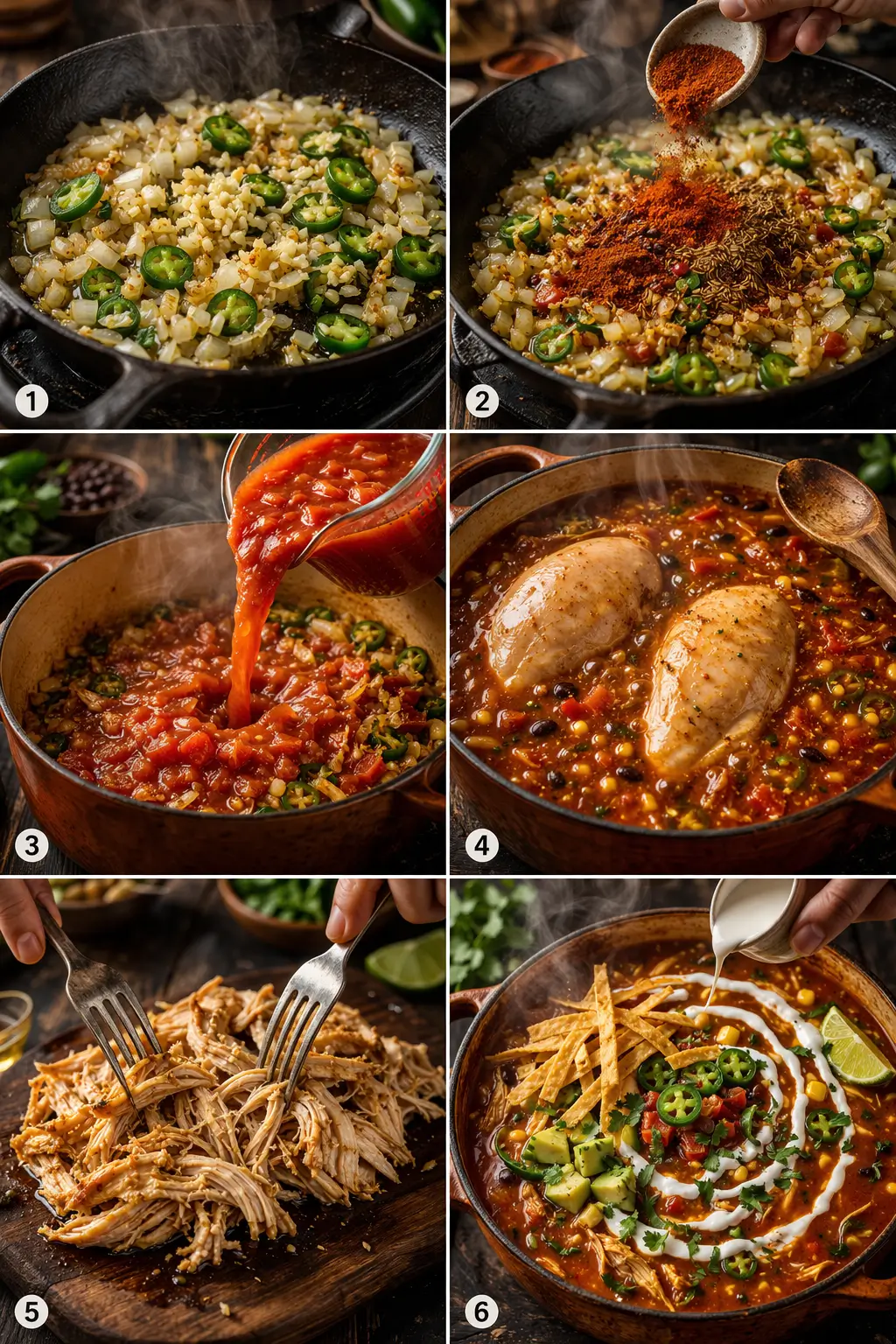 Six-panel collage showing step-by-step process of making chicken tortilla soup with lime crema