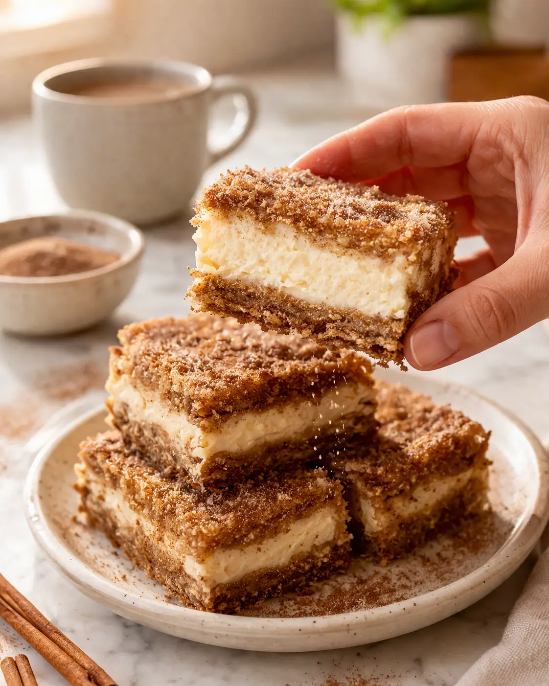 Churro Cheesecake Bars stacked on a plate showing golden cinnamon crust and creamy filling layers