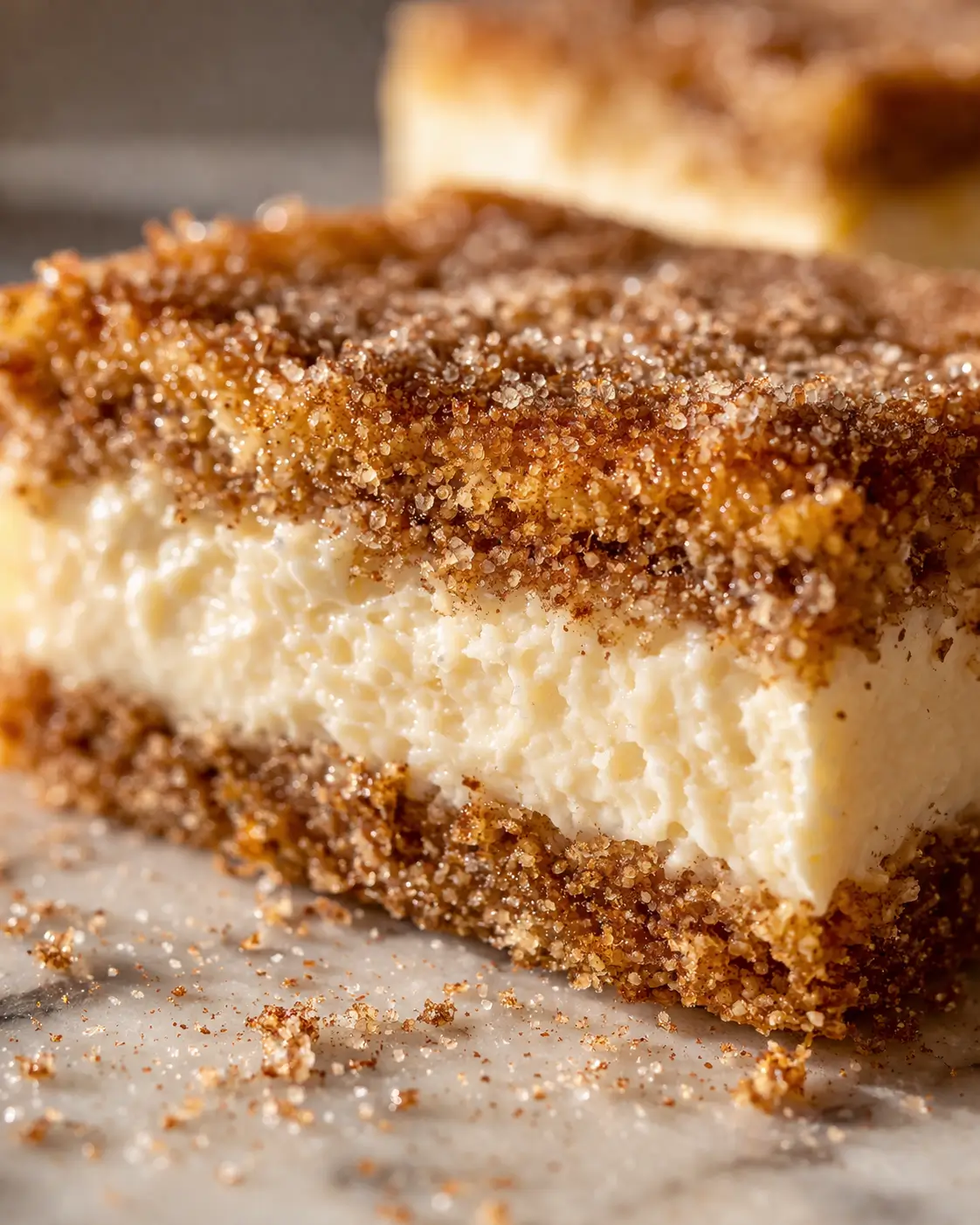 Close-up low angle of a single Churro Cheesecake Bar showing distinct golden crust and thick creamy cheesecake filling layers
