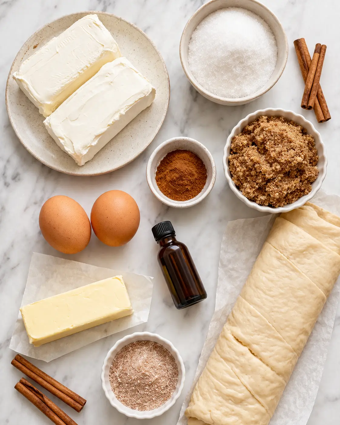 All ingredients for Churro Cheesecake Bars laid out on a marble surface including cream cheese, cinnamon, sugar, crescent dough and butter