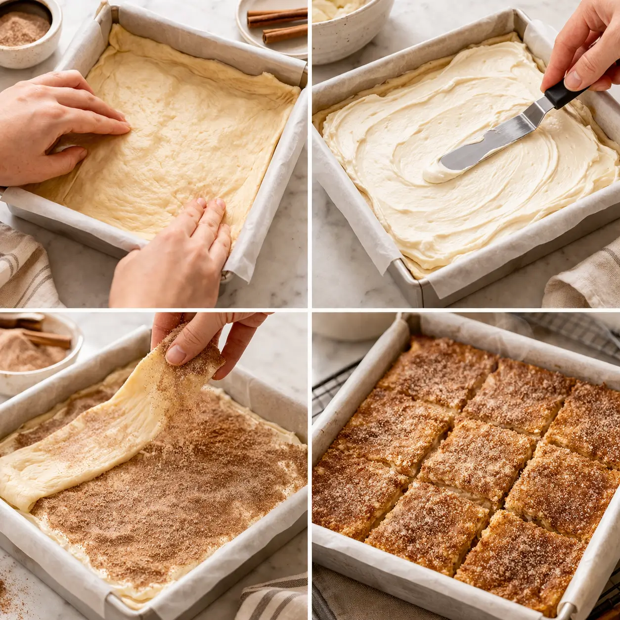 Step-by-step collage showing pressing dough, spreading cream cheese filling, adding top layer, and the baked golden bars