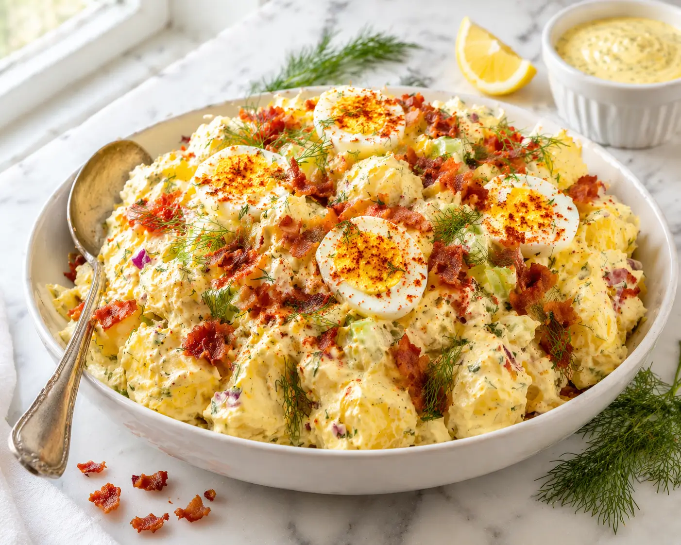 Classic potato salad served in a wide white ceramic bowl with hard-boiled egg slices smoked paprika fresh dill and bacon crumbles on top