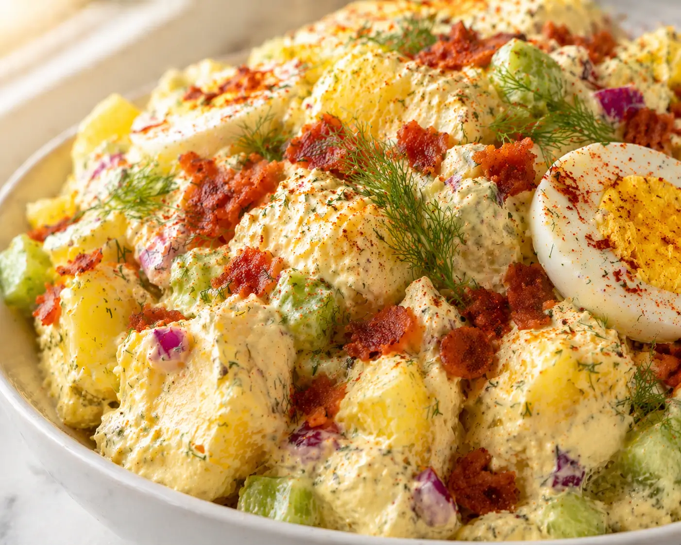 Close-up of classic potato salad in a white ceramic bowl showing creamy mayonnaise dressing coating yellow potato chunks with visible dill celery bacon bits and hard-boiled egg