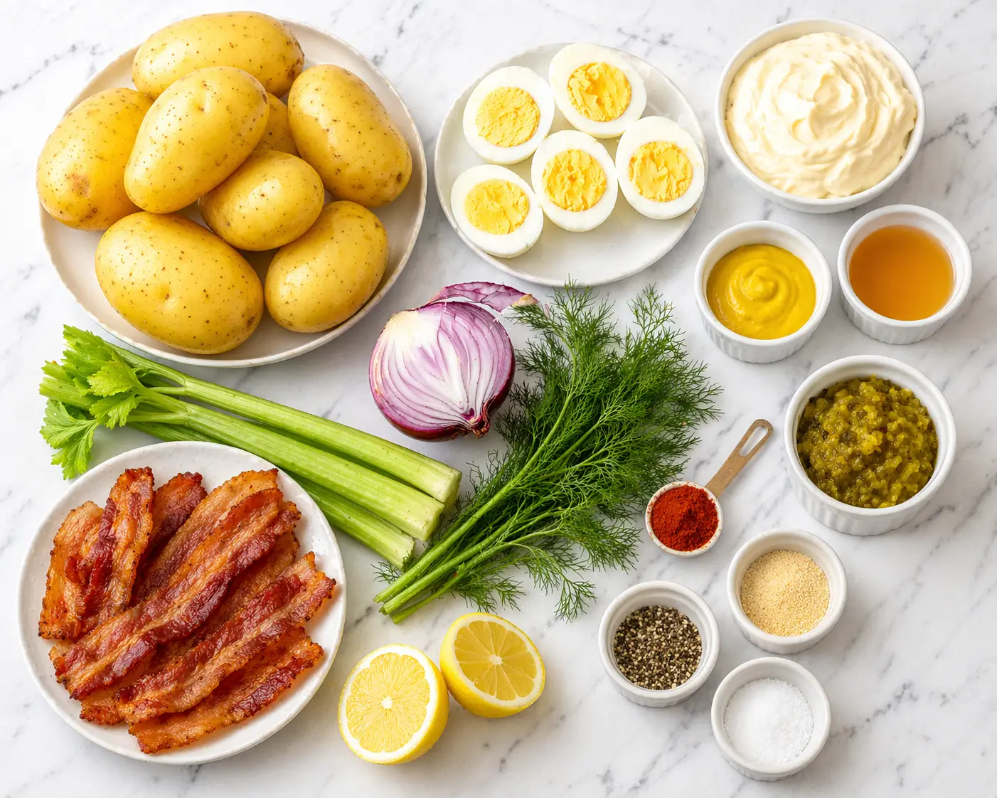 All classic potato salad ingredients laid out on white marble including yellow potatoes hard-boiled eggs mayonnaise mustard celery red onion fresh dill bacon and smoked paprika