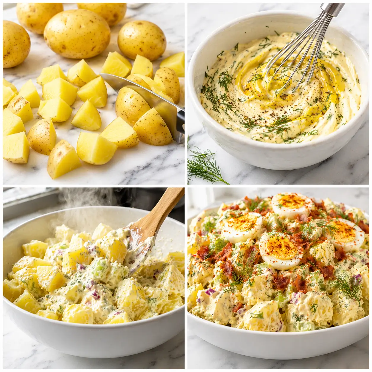 Four step collage showing yellow potatoes being cut into chunks creamy dressing being whisked in a white bowl warm potatoes being folded with dressing and the finished classic potato salad garnished with eggs paprika and dill