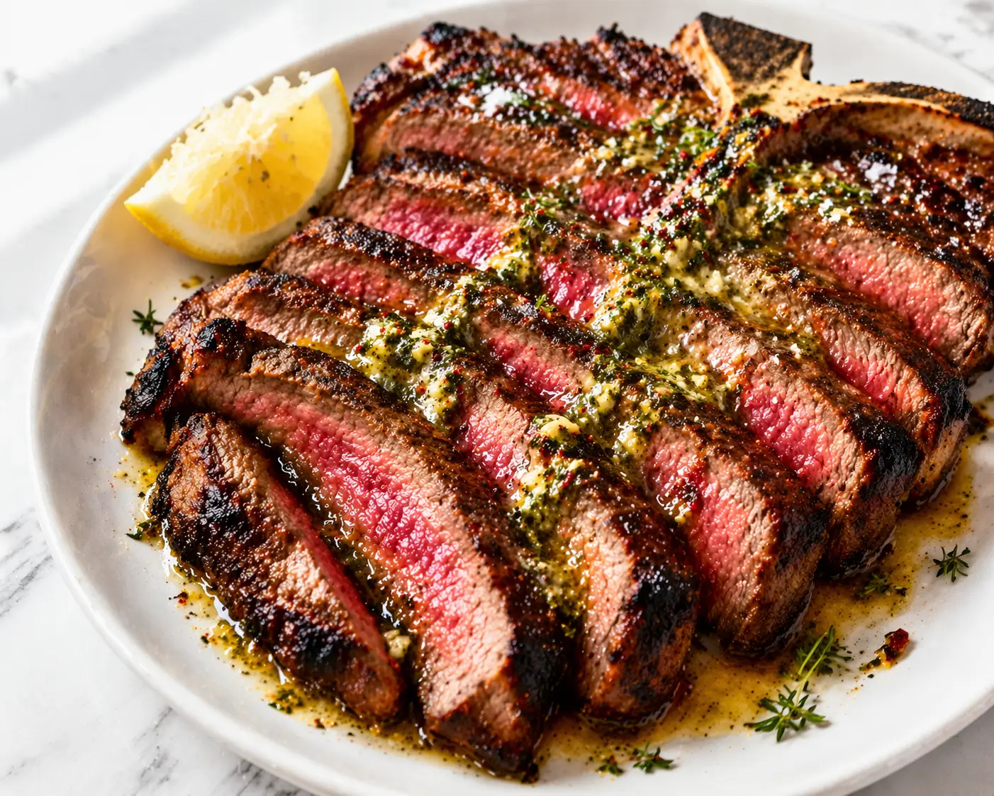 Cowboy butter grilled T-bone steak sliced and fanned on a white ceramic plate showing perfect medium-rare interior with cowboy butter pooling between the slices