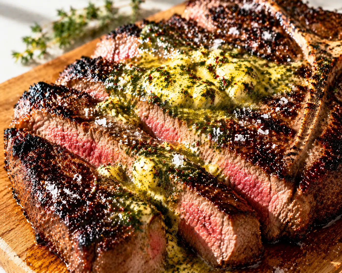 Close-up of cowboy butter grilled T-bone steak showing the deep mahogany caramelized crust perfect medium-rare interior and golden-green cowboy butter melting and pooling in the grooves with visible herbs and garlic