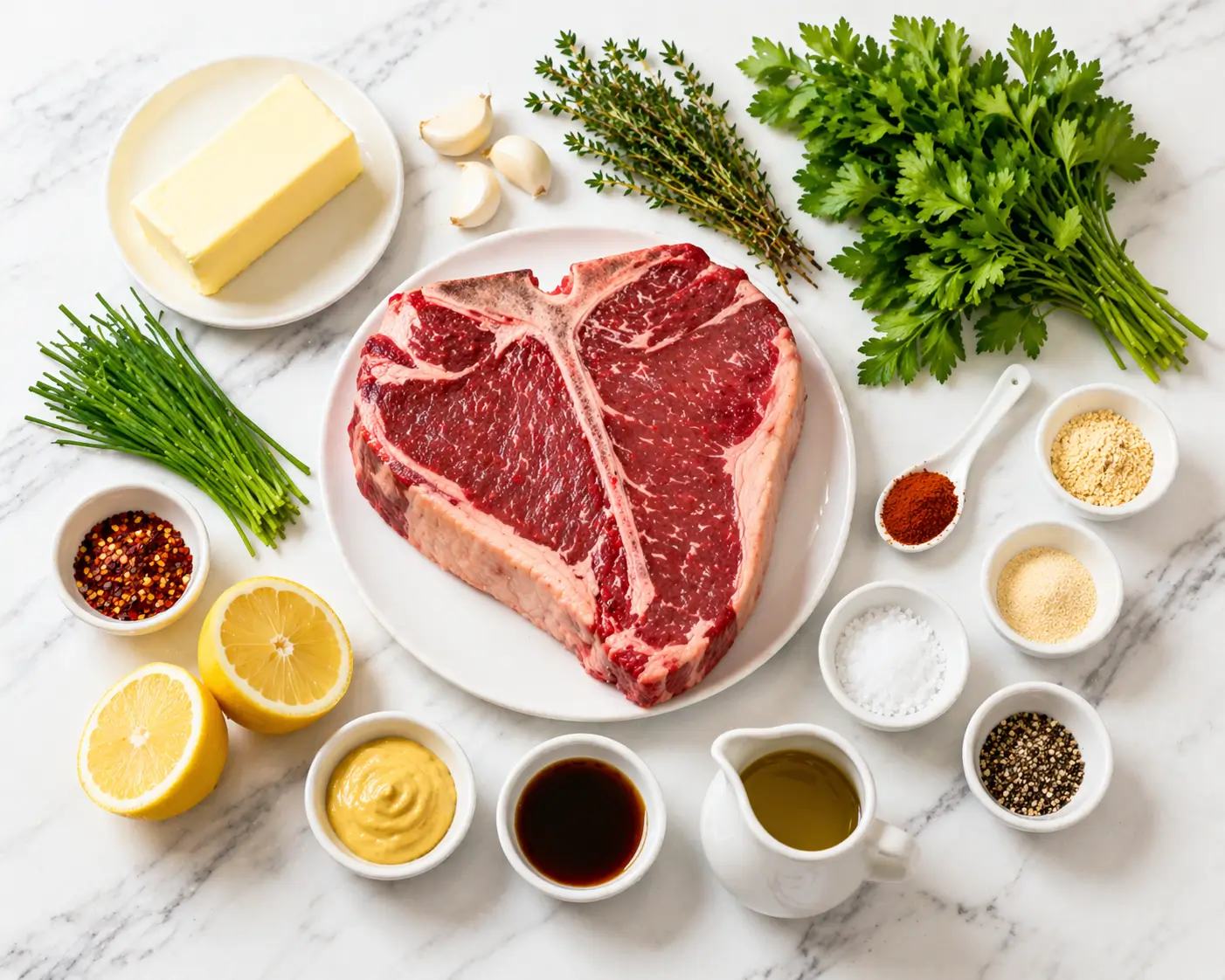 All cowboy butter grilled T-bone steak ingredients on white marble including raw T-bone steaks softened butter fresh herbs garlic Dijon mustard Worcestershire sauce lemon and spices