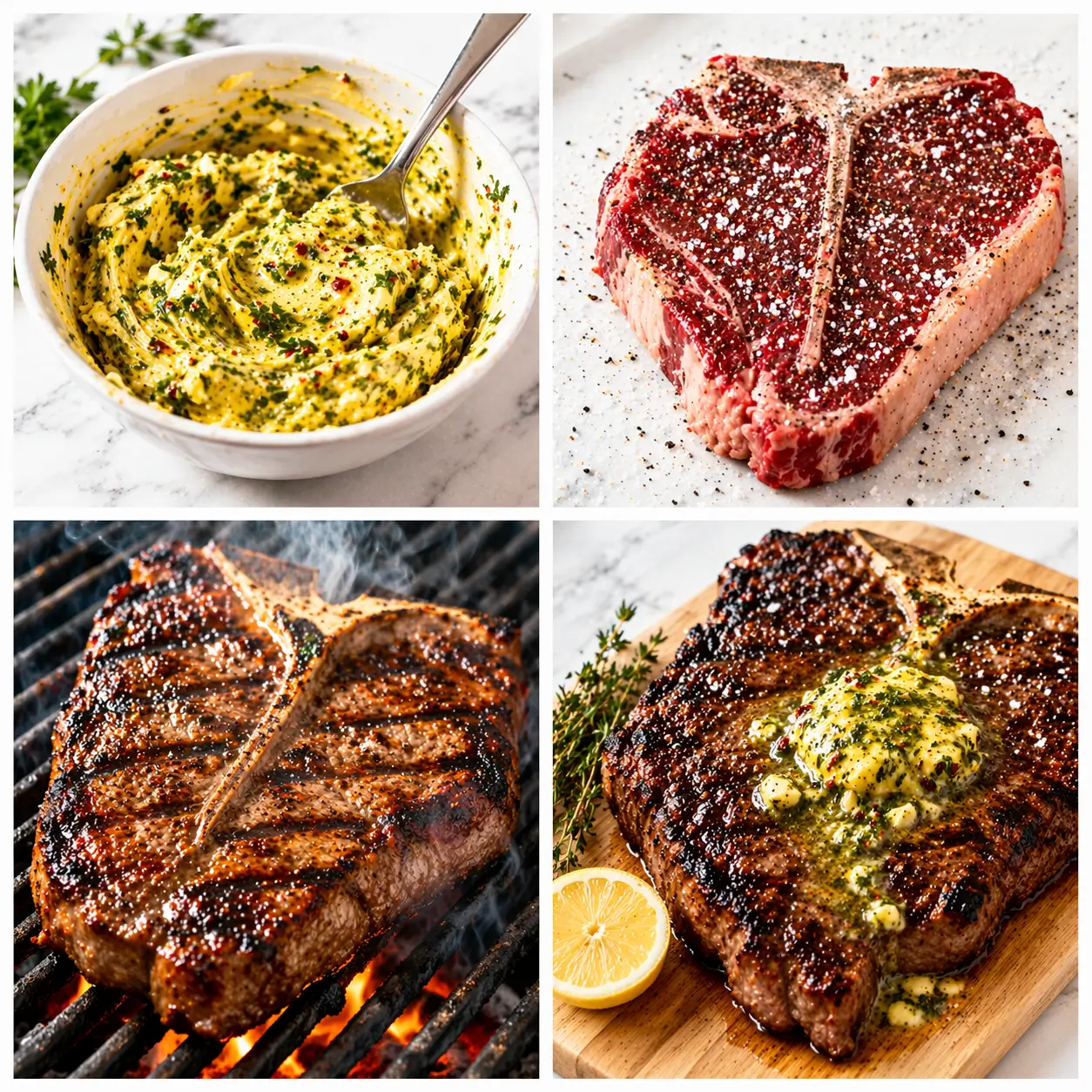 Four step collage showing cowboy butter being mixed in a white bowl T-bone steak being seasoned with coarse salt T-bone on a hot grill with dramatic char marks and the finished steak resting with cowboy butter melting over the top