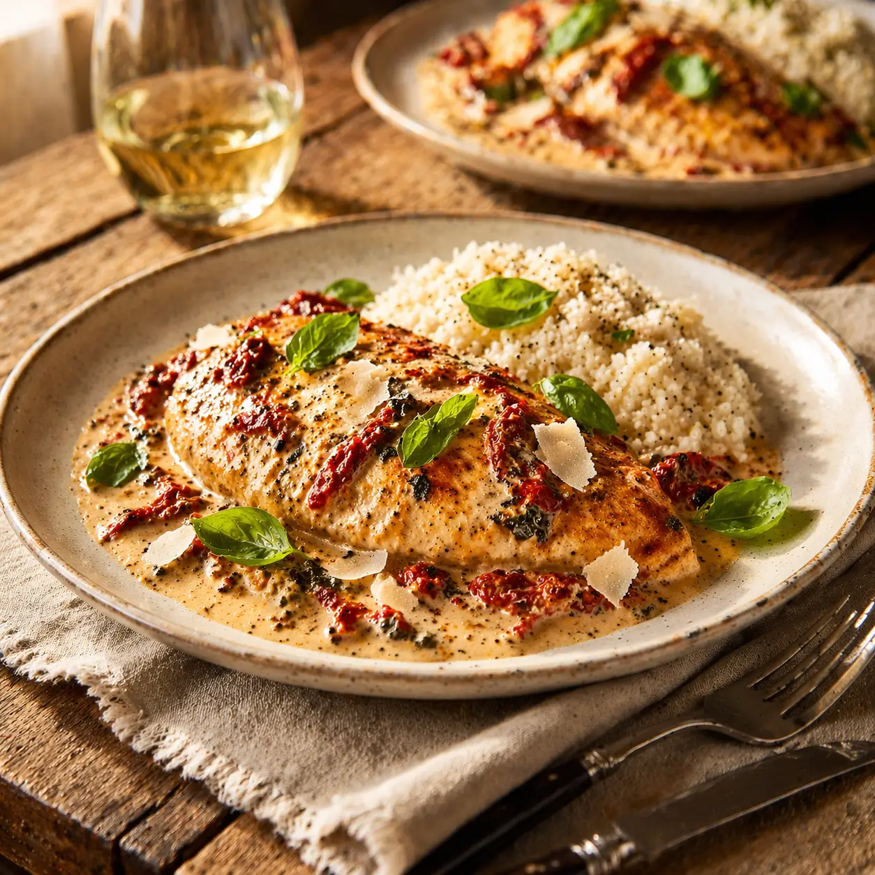 Creamy sun-dried tomato chicken in a cast iron skillet garnished with fresh basil