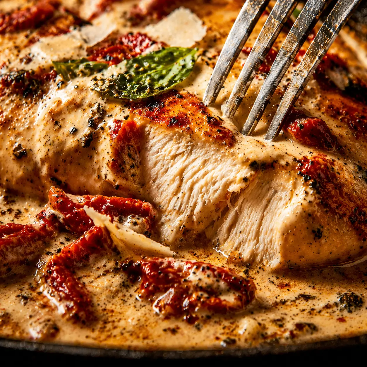 Creamy sun-dried tomato chicken plated on a white ceramic dish with mashed potatoes