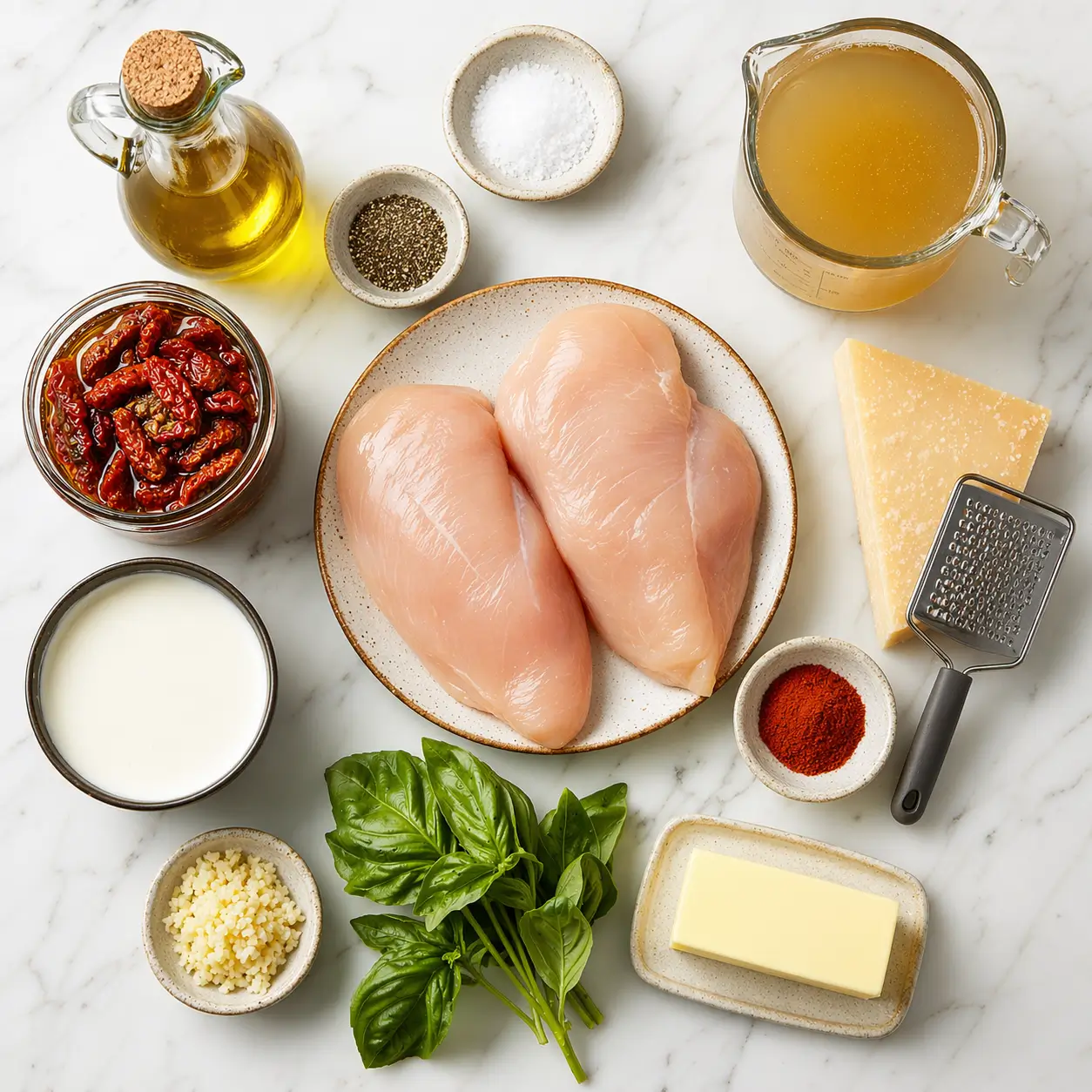 All ingredients for creamy sun-dried tomato chicken laid out on a white marble surface
