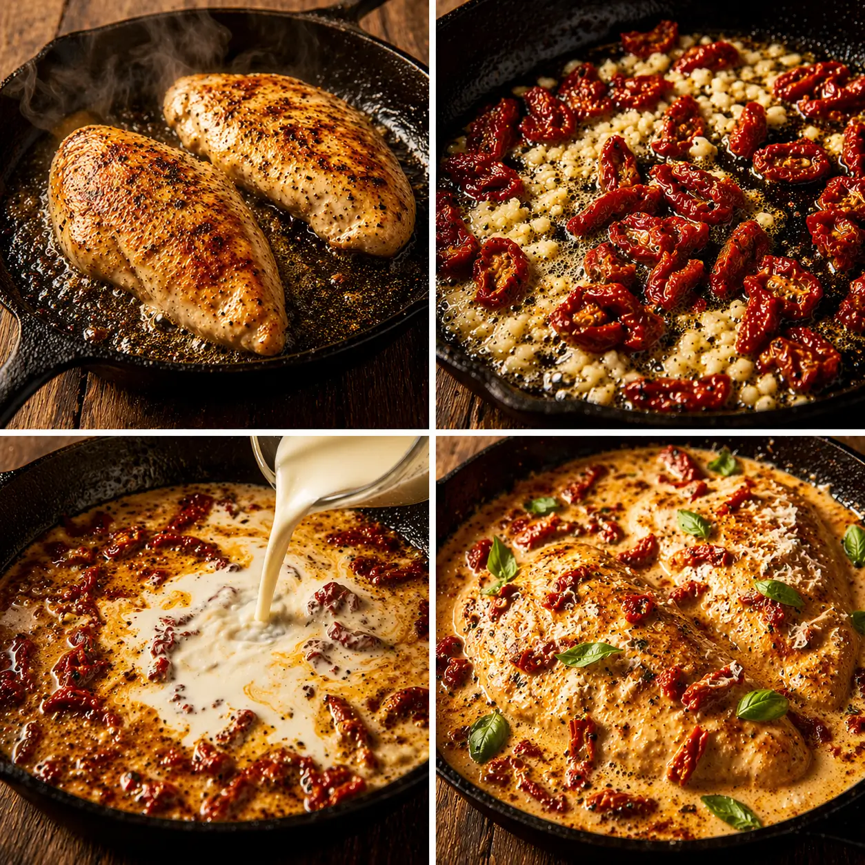 Four-step collage showing the cooking process for creamy sun-dried tomato chicken