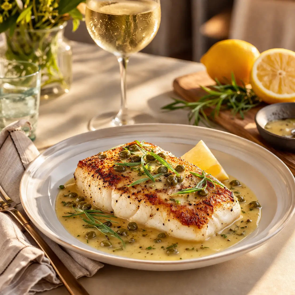 Full plate of pan seared halibut with beurre blanc sauce on an elegant dining table with white wine and fresh herbs