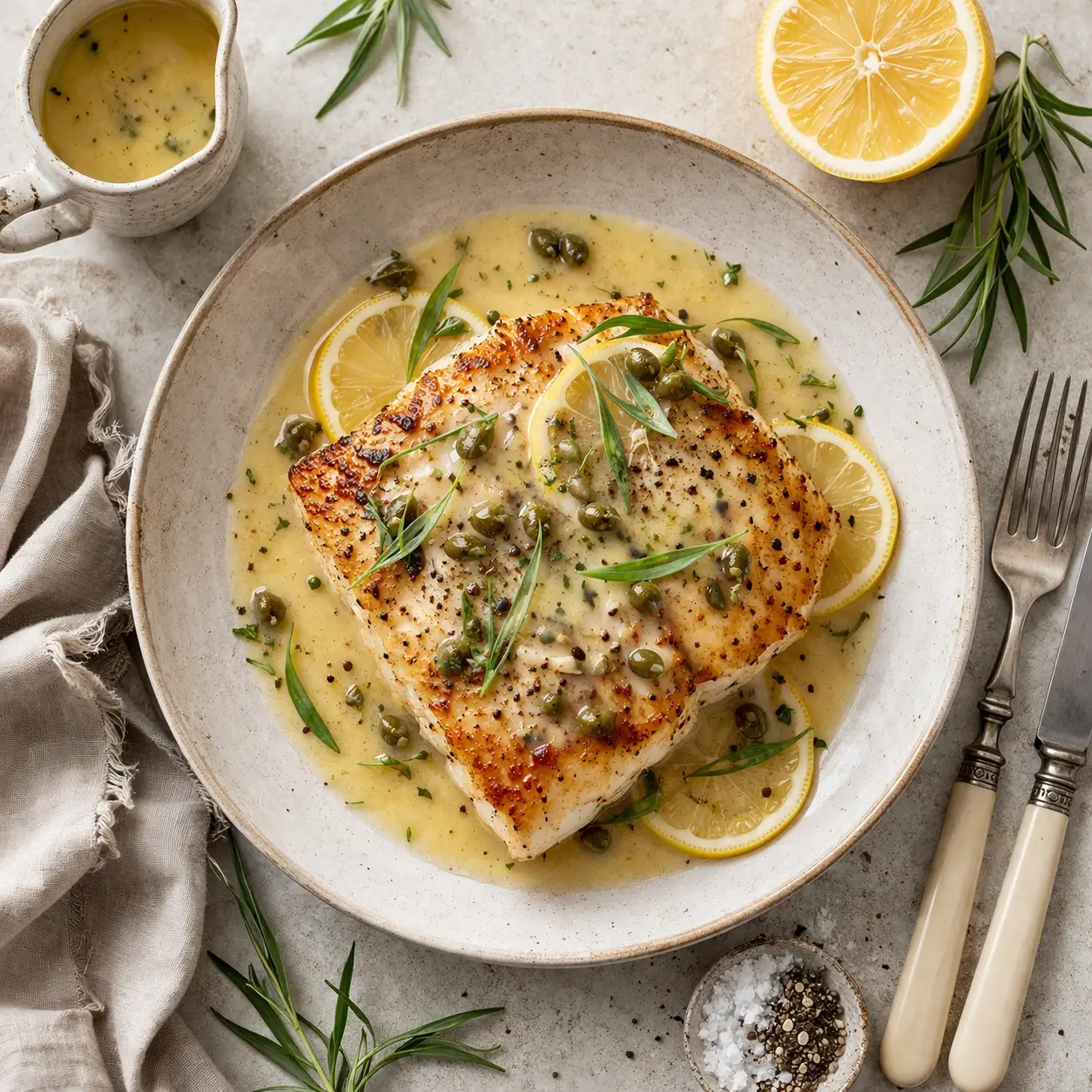 Overhead view of pan seared halibut in a shallow ceramic bowl with beurre blanc sauce, tarragon garnish and lemon slices on a white marble surface