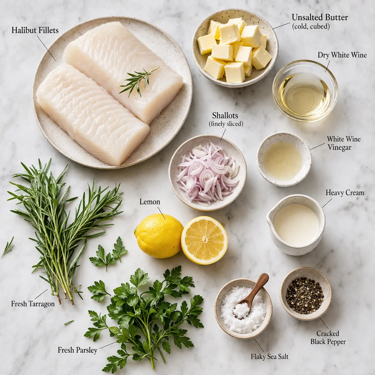 Flat lay overhead of all pan seared halibut ingredients including halibut fillets, butter cubes, white wine, shallots, tarragon and lemon on white marble