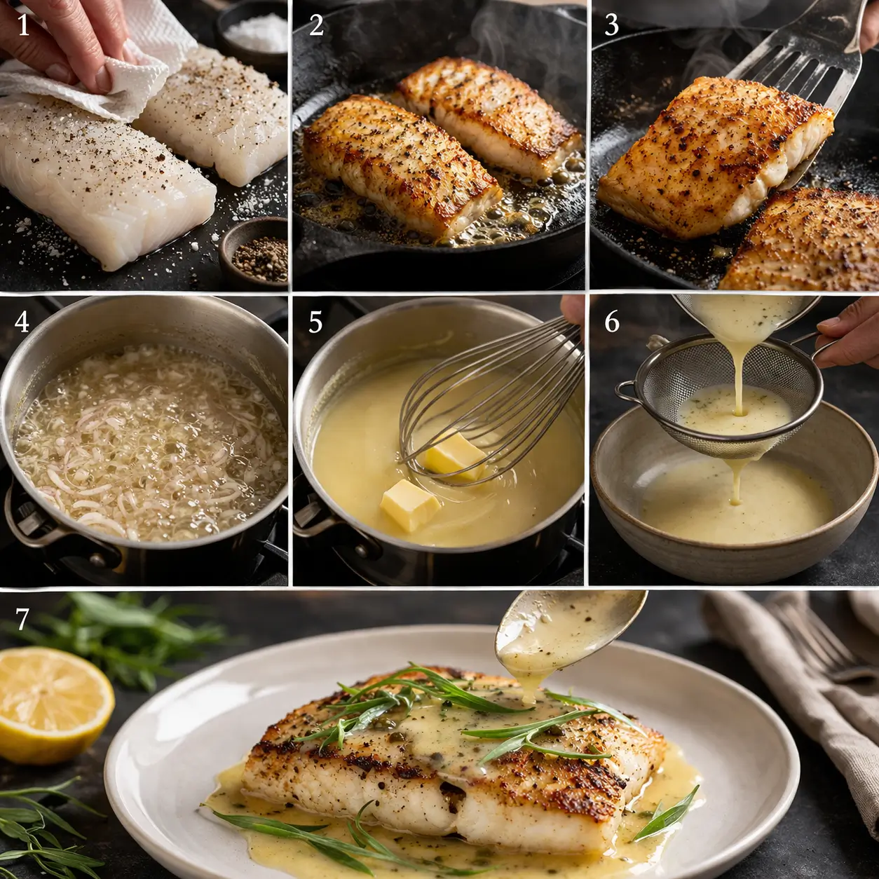 7-panel collage showing step by step how to make pan seared halibut with beurre blanc sauce