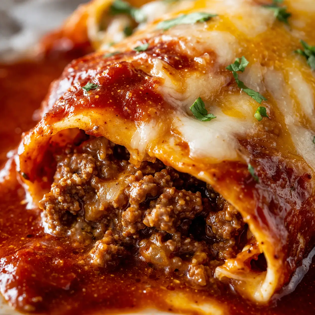 Plated ground beef enchiladas with red sauce garnished with sour cream and cilantro