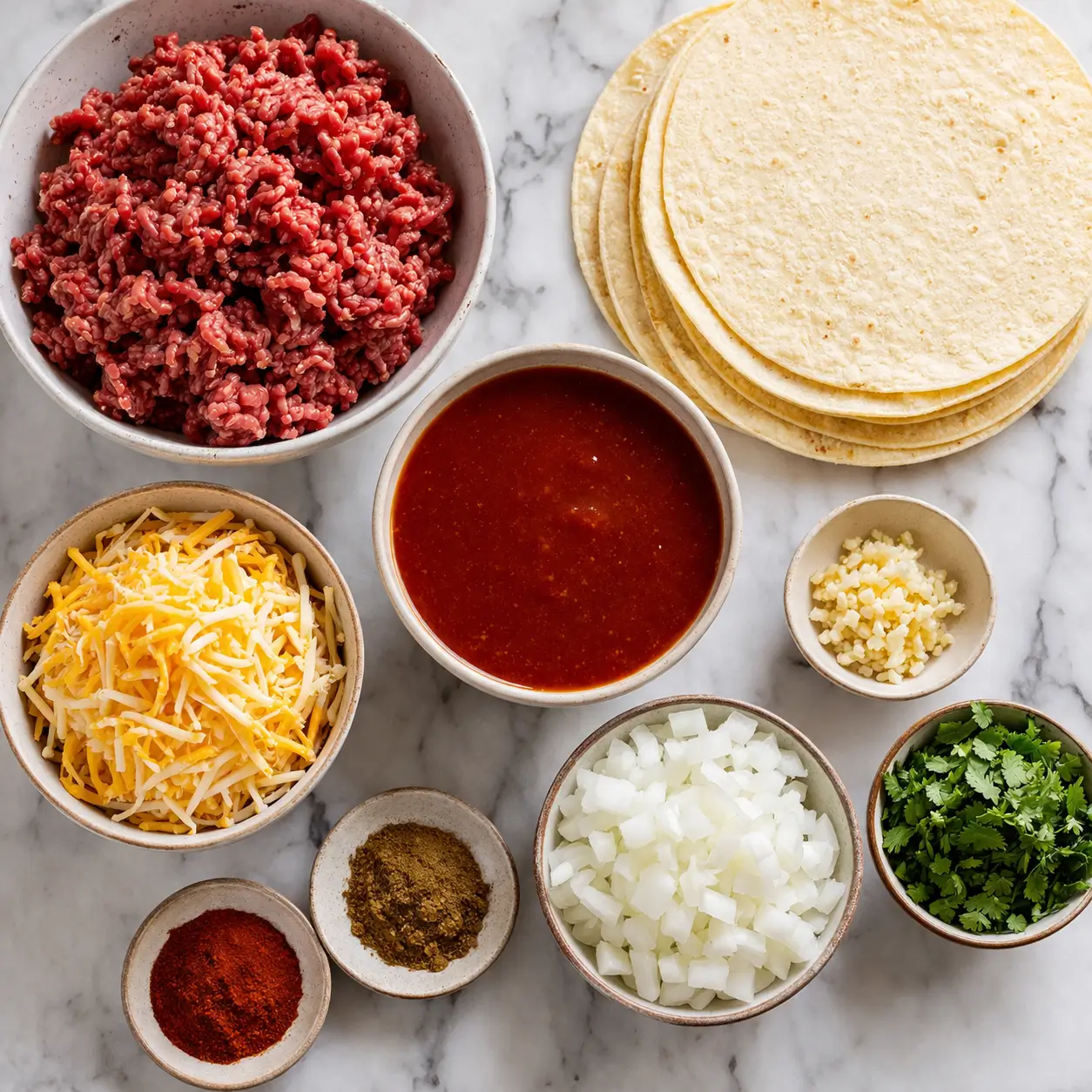Ingredients for ground beef enchiladas with red sauce laid out on a counter