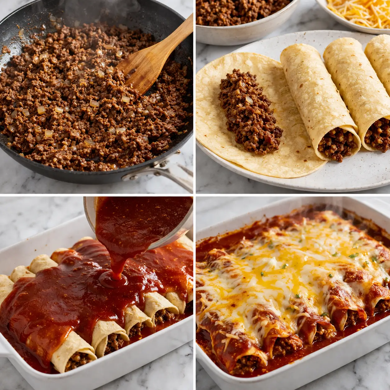 Step by step process photos for making ground beef enchiladas