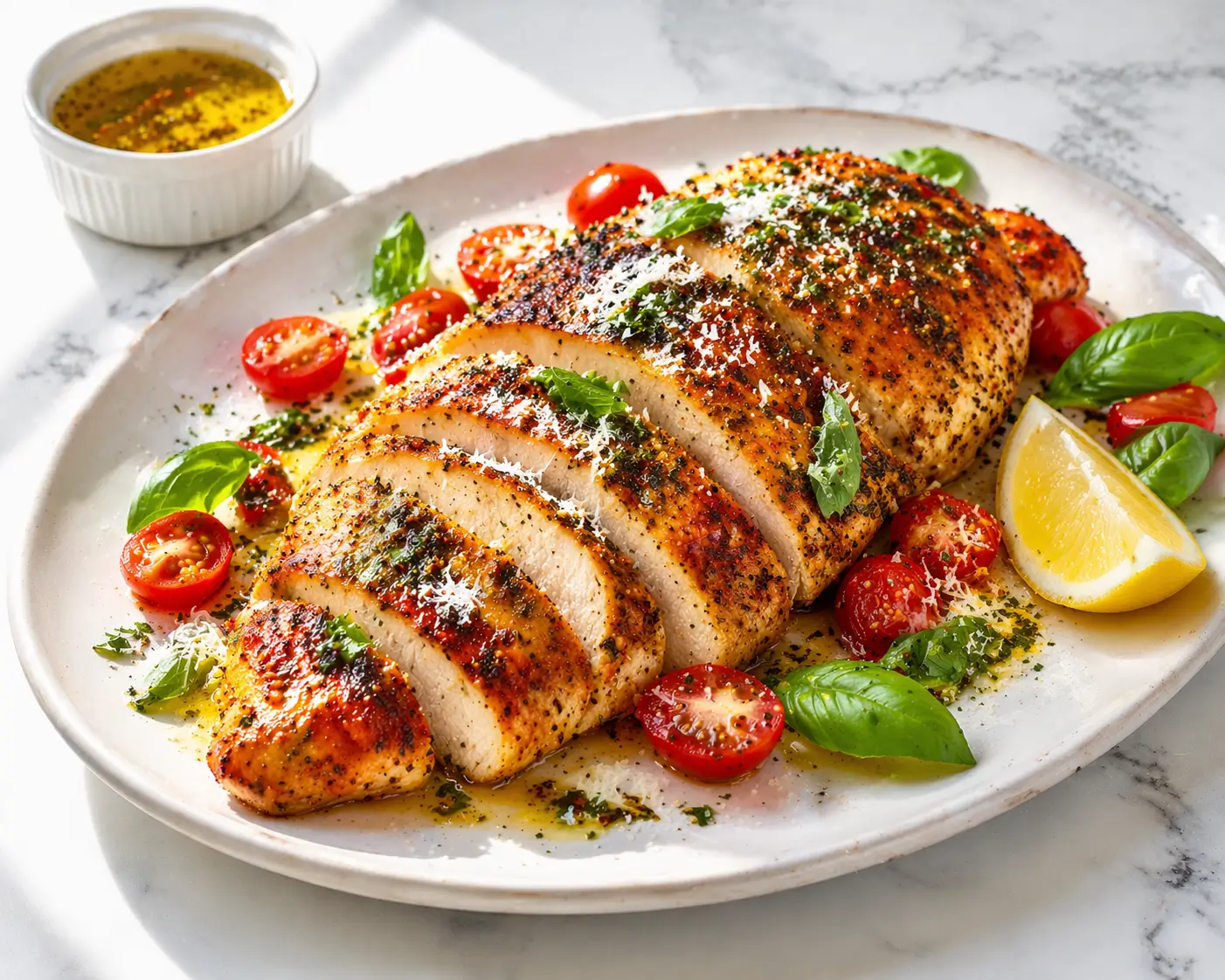 Italian dressing baked chicken breast sliced diagonally on a white ceramic plate with fresh basil cherry tomatoes and Parmesan