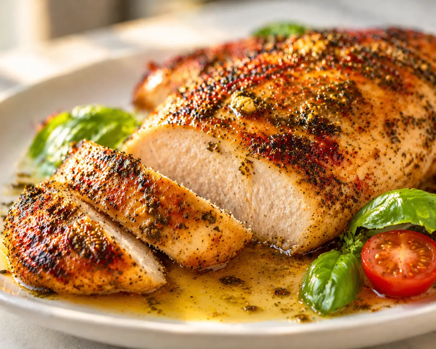 Close-up of Italian dressing baked chicken on a white ceramic plate showing the golden caramelized herb crust and juicy interior with fresh basil and roasted cherry tomato