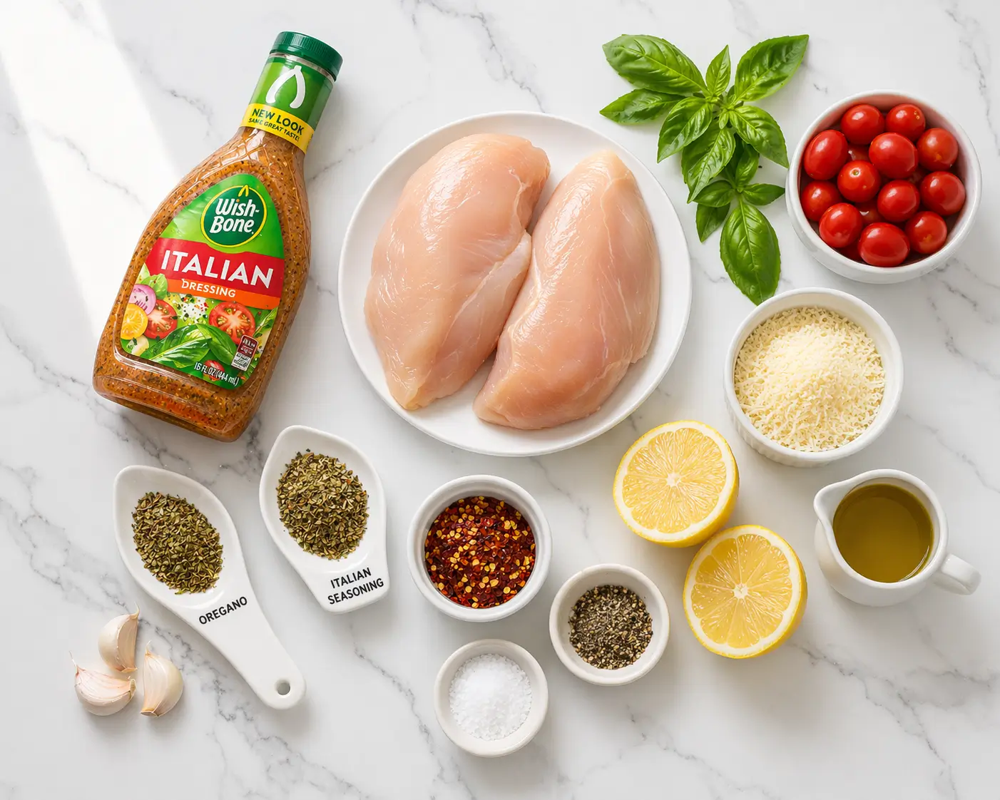 All Italian dressing baked chicken ingredients laid out on white marble including chicken breasts Italian dressing garlic herbs cherry tomatoes lemon and fresh basil