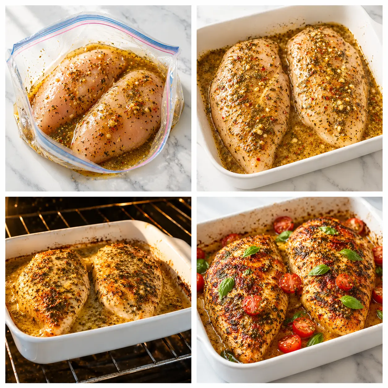 Four step collage showing chicken marinating in Italian dressing marinated chicken in white baking dish ready for oven chicken halfway through baking caramelizing and finished golden Italian chicken just out of the oven with cherry tomatoes and fresh basil