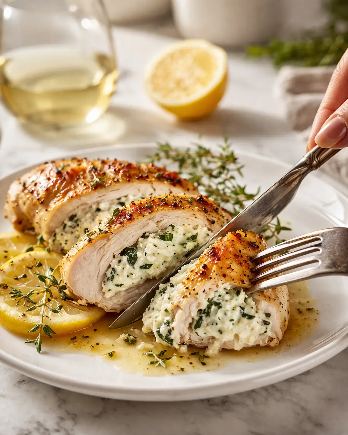 Lemon ricotta stuffed chicken breast sliced open on a white plate showing creamy herb filling with lemon butter sauce