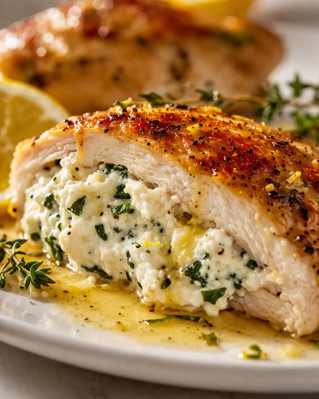 Extreme close-up low angle of sliced lemon ricotta stuffed chicken breast showing golden crust and creamy ricotta filling with lemon butter sauce