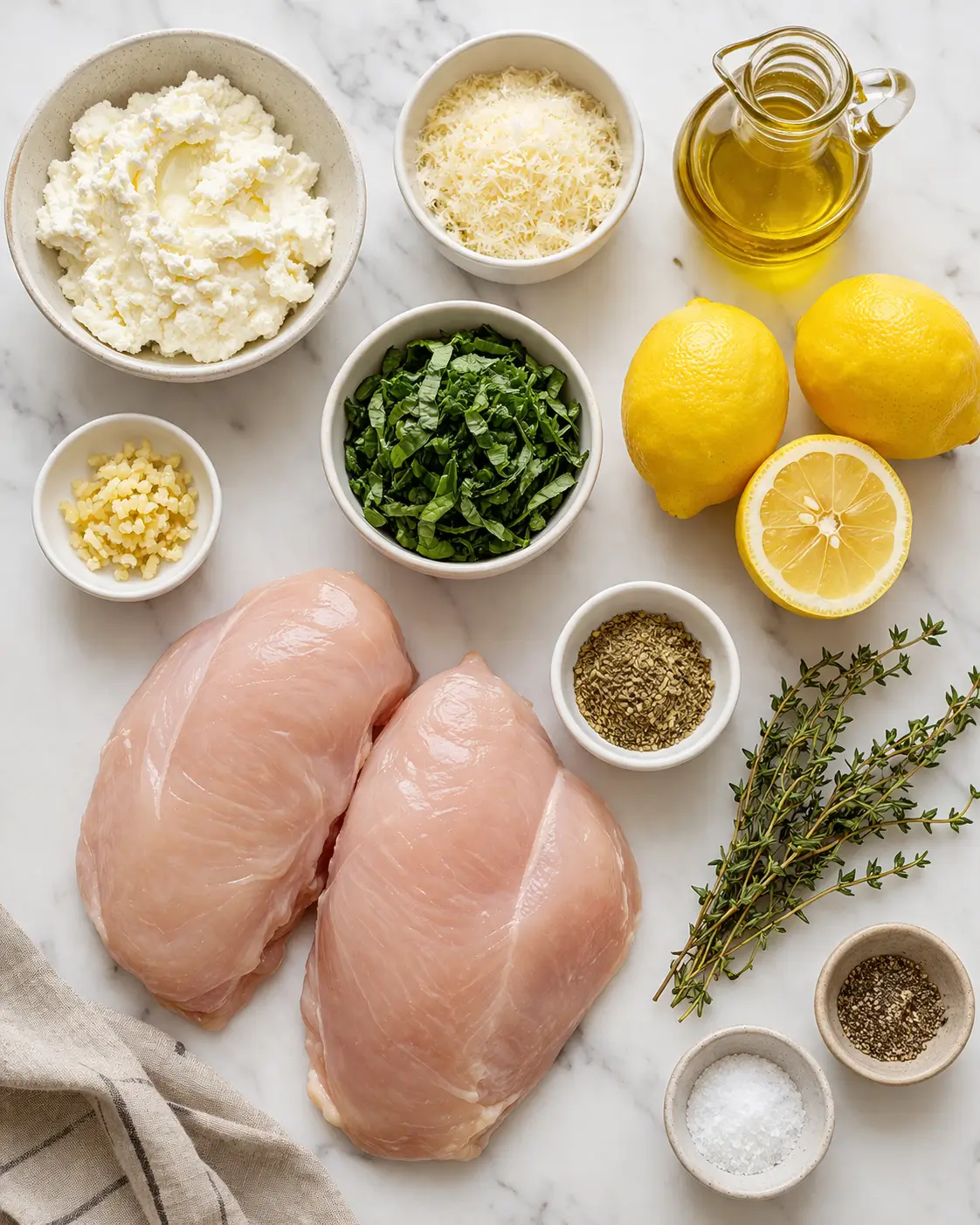 All ingredients for lemon ricotta stuffed chicken breast laid out on a marble surface including raw chicken, ricotta, parmesan, fresh herbs, lemons and olive oil