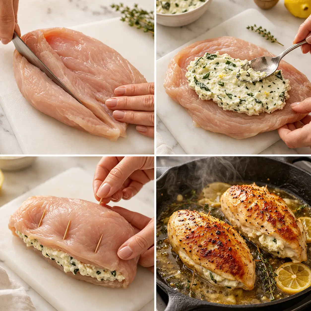 Step-by-step collage showing butterflying the chicken, spreading ricotta filling, sealing with toothpicks, and the golden seared finished chicken in a cast iron skillet