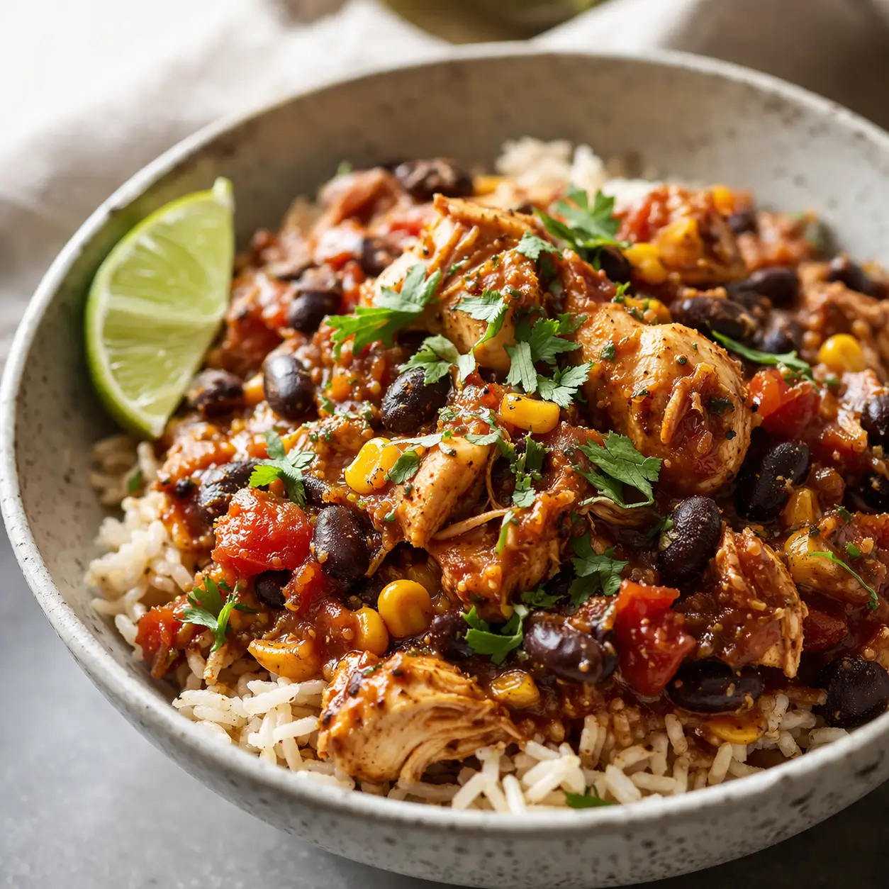 One Pot Mexican Black Bean Chicken in a cast iron skillet with cilantro, avocado, and lime