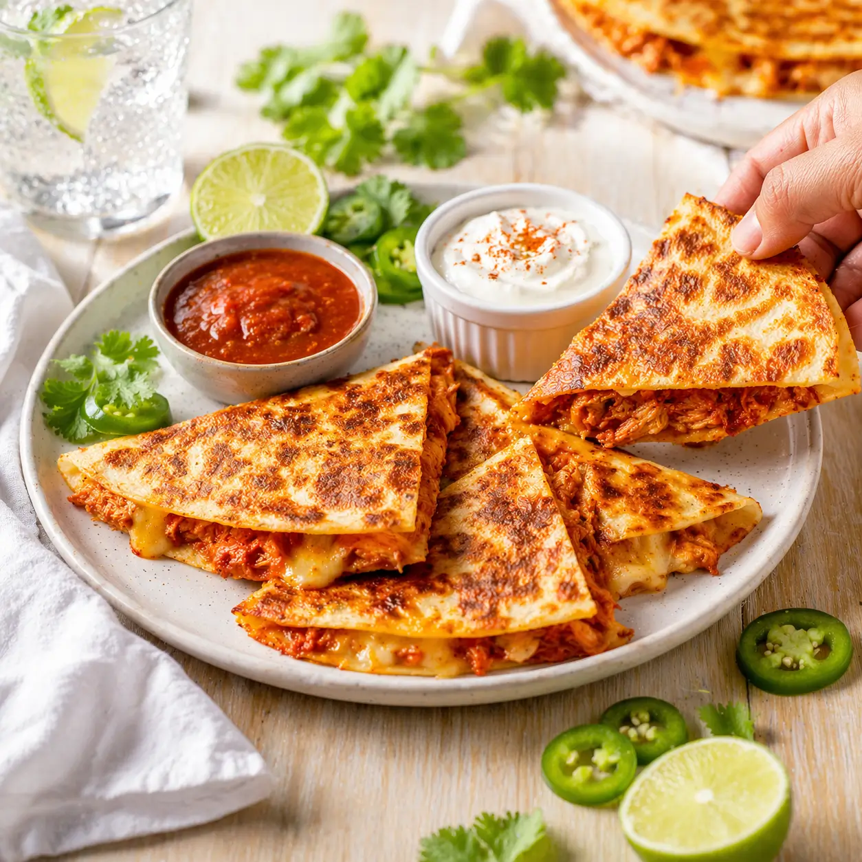 Two golden-brown chicken tinga quesadillas on a white ceramic plate with chipotle salsa, sour cream, cilantro and lime wedges on a light wood table