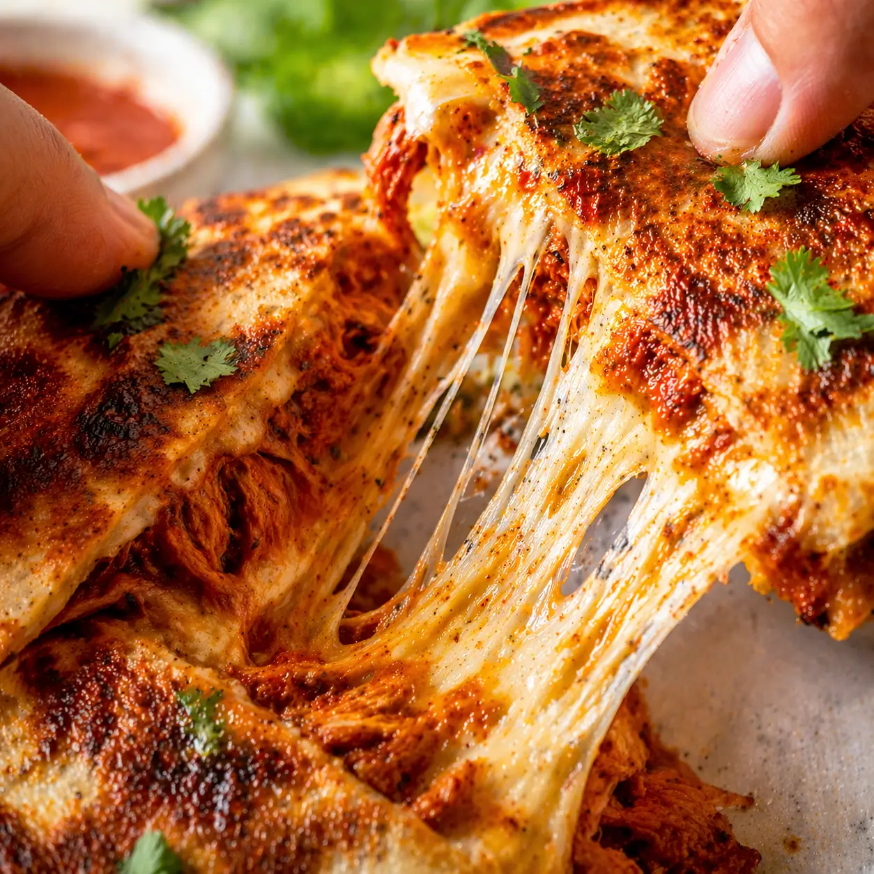Two hands pulling apart a chicken tinga quesadilla wedge showing a dramatic melted Oaxaca cheese pull with smoky tinga filling visible inside