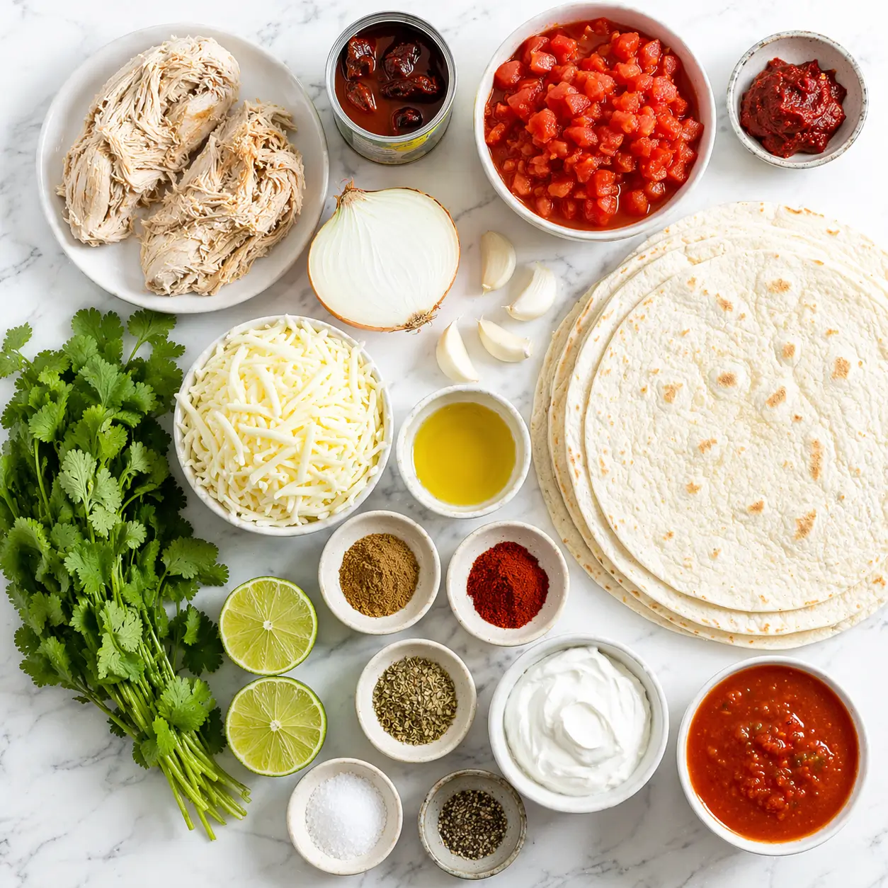 All ingredients for chicken tinga quesadillas laid out on a white marble surface including shredded chicken, chipotle peppers, tomatoes, flour tortillas, Oaxaca cheese, spices, cilantro and limes