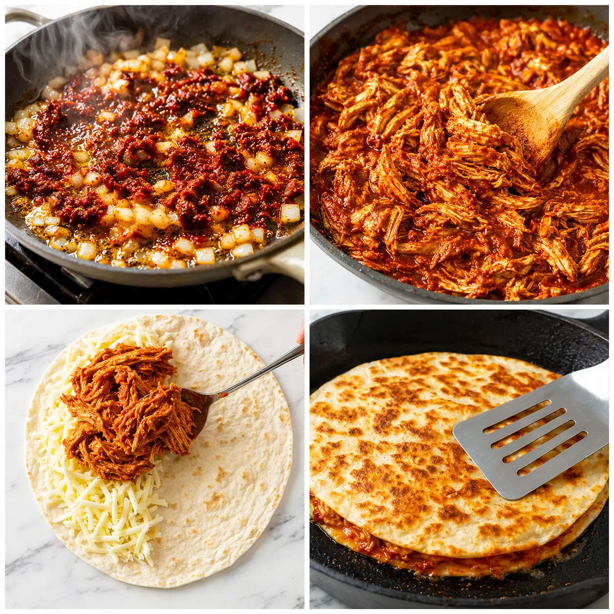 Four-panel collage showing how to make chicken tinga quesadillas: sautéing aromatics, making tinga sauce, filling the tortilla, and sizzling golden in a cast iron skillet