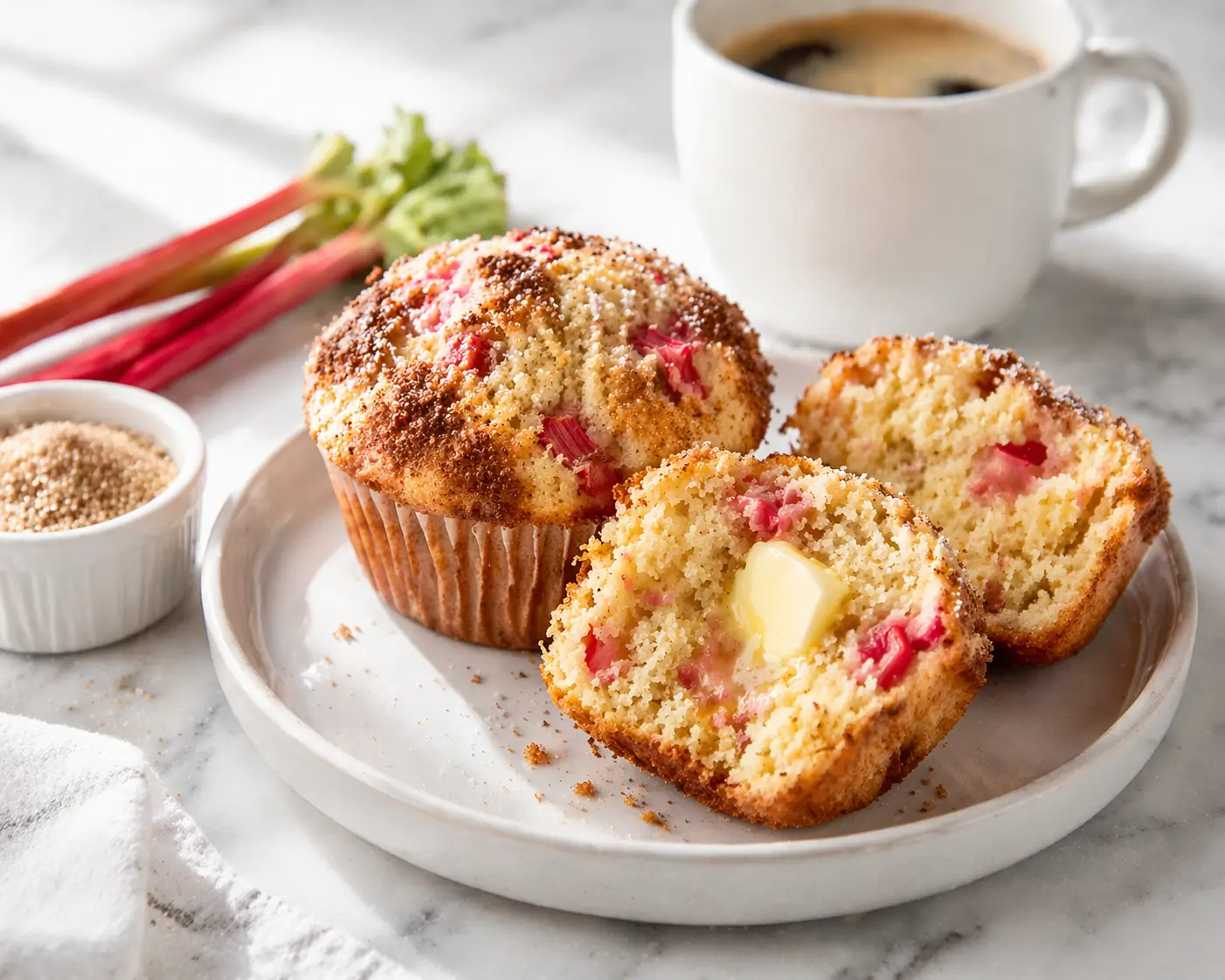 Two rhubarb muffins on a white ceramic plate with one broken open showing moist fluffy interior and a cup of coffee in the background