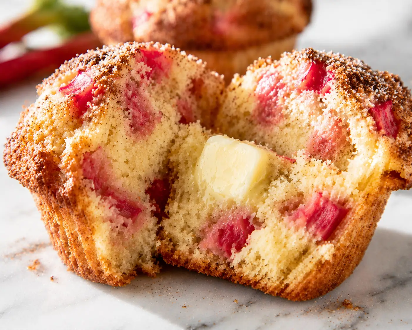 Close-up of a rhubarb muffin broken in half on white marble showing the moist fluffy interior with bright pink rhubarb chunks and a sparkling cinnamon sugar crust