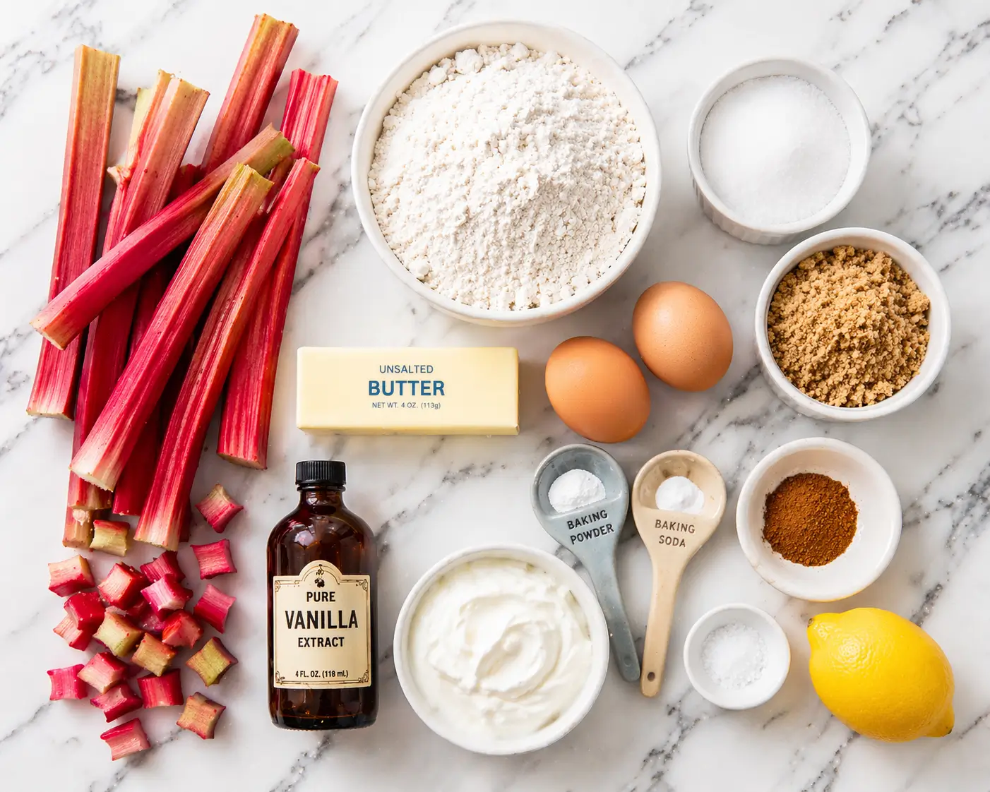 All rhubarb muffin ingredients laid out on a white marble surface including fresh pink rhubarb stalks flour sugar eggs sour cream butter vanilla and cinnamon