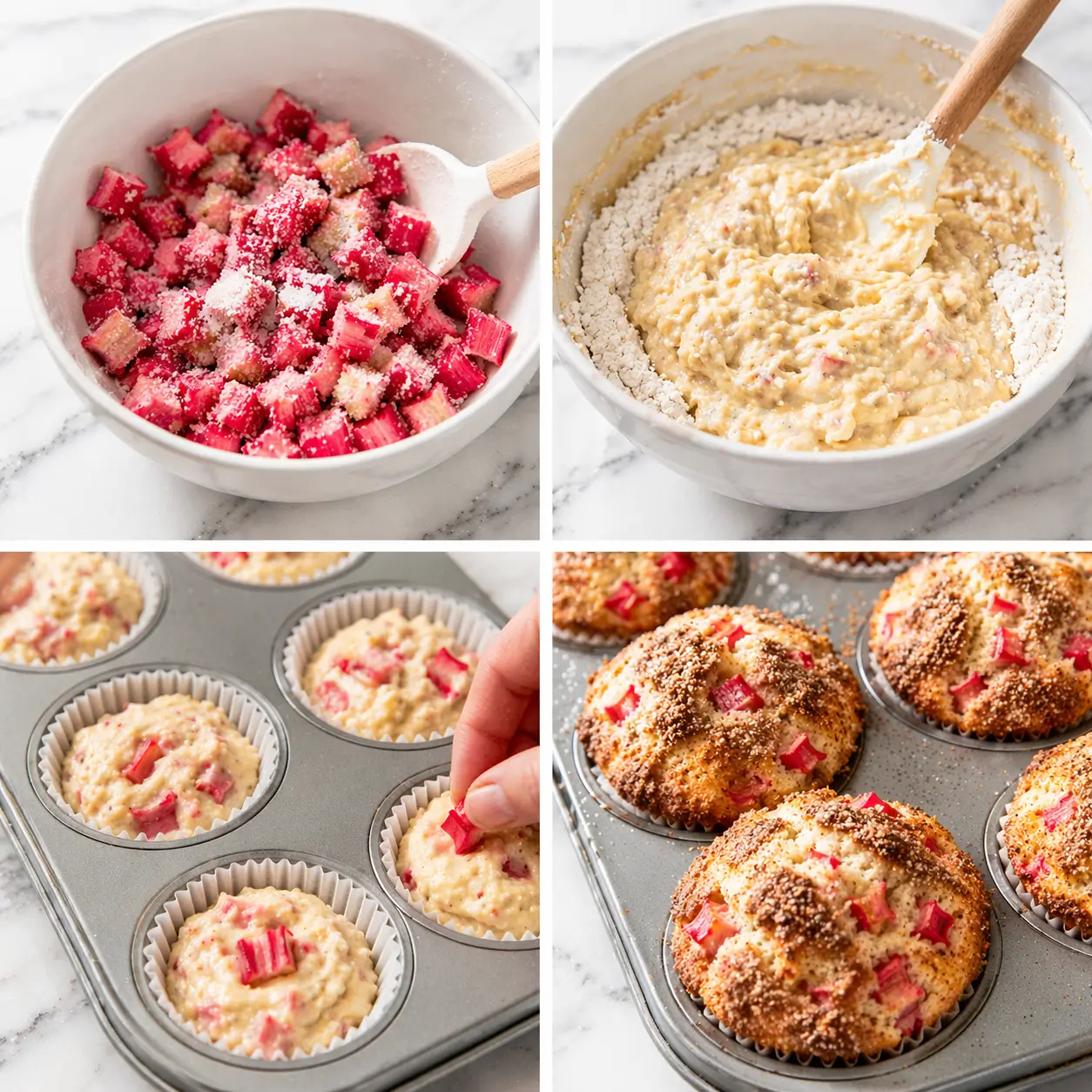 Four step collage showing rhubarb tossed with sugar in white bowl muffin batter being folded muffin tin being filled with batter and freshly baked golden rhubarb muffins in the tin