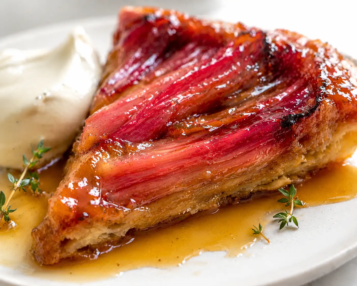 Close-up of a rhubarb tarte tatin slice on a white ceramic plate showing glossy amber caramelized rhubarb pieces the golden flaky pastry layers and a pool of caramel sauce with a quenelle of crème fraîche beside it