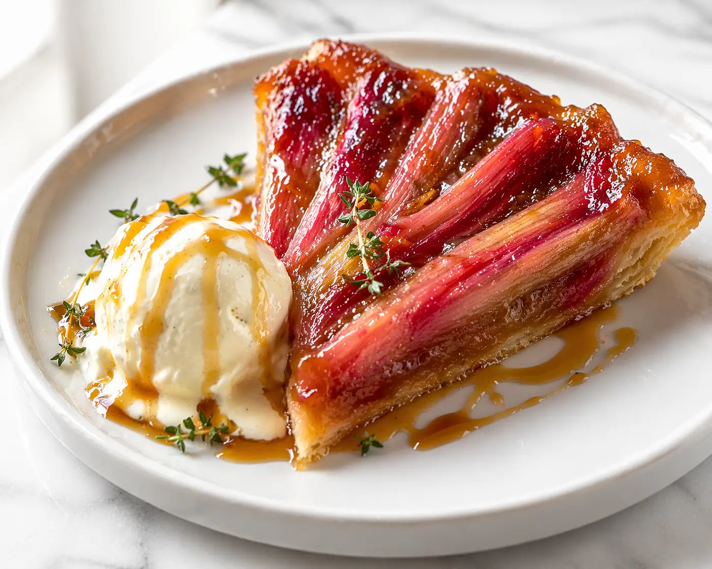 A slice of rhubarb tarte tatin on a white ceramic plate with glistening amber caramelized rhubarb and golden flaky pastry and a quenelle of crème fraîche melting beside it