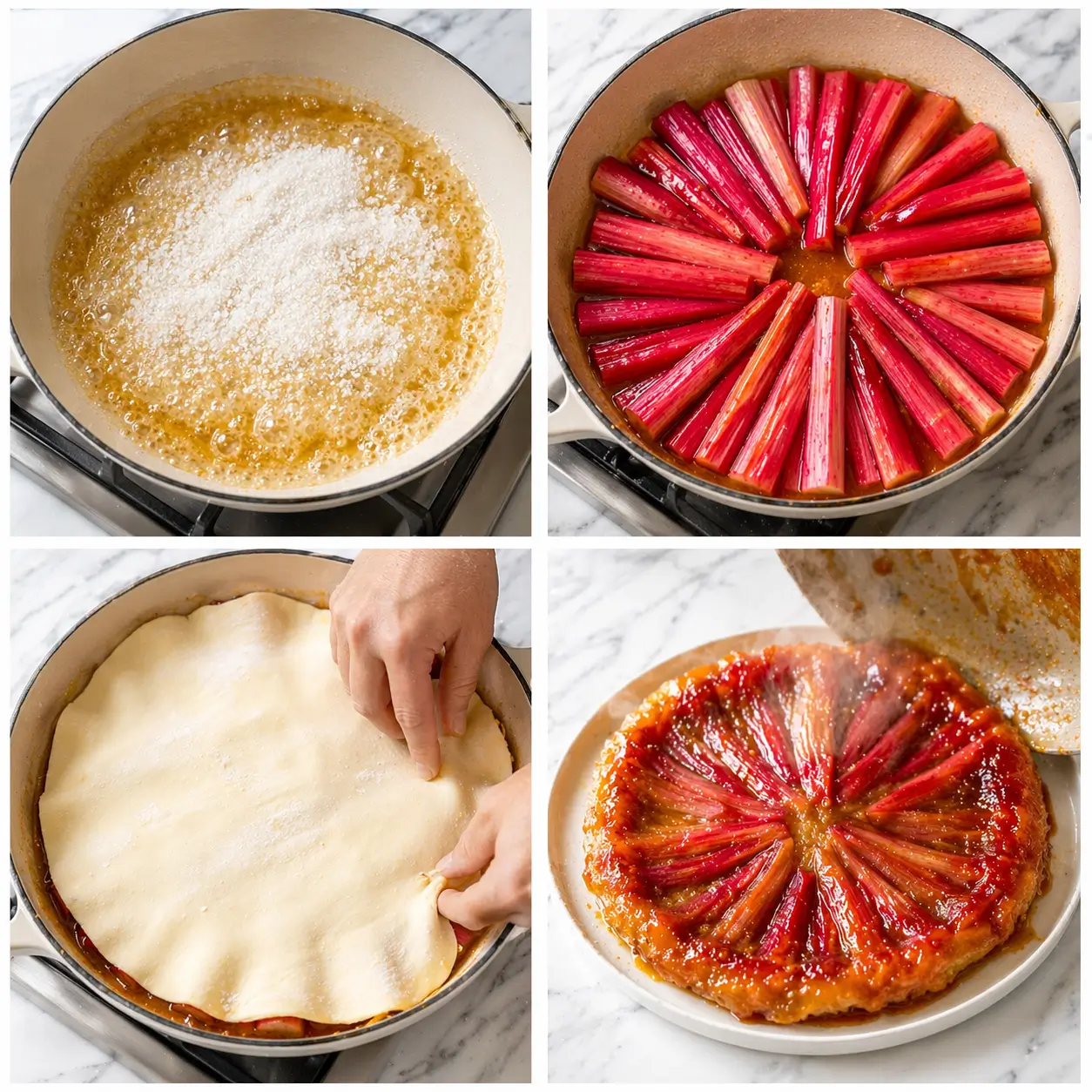 Four step collage showing sugar melting to golden caramel in a skillet rhubarb pieces arranged in caramel in the pan puff pastry being tucked over the rhubarb and the finished tarte being flipped onto a white ceramic plate with caramel dripping