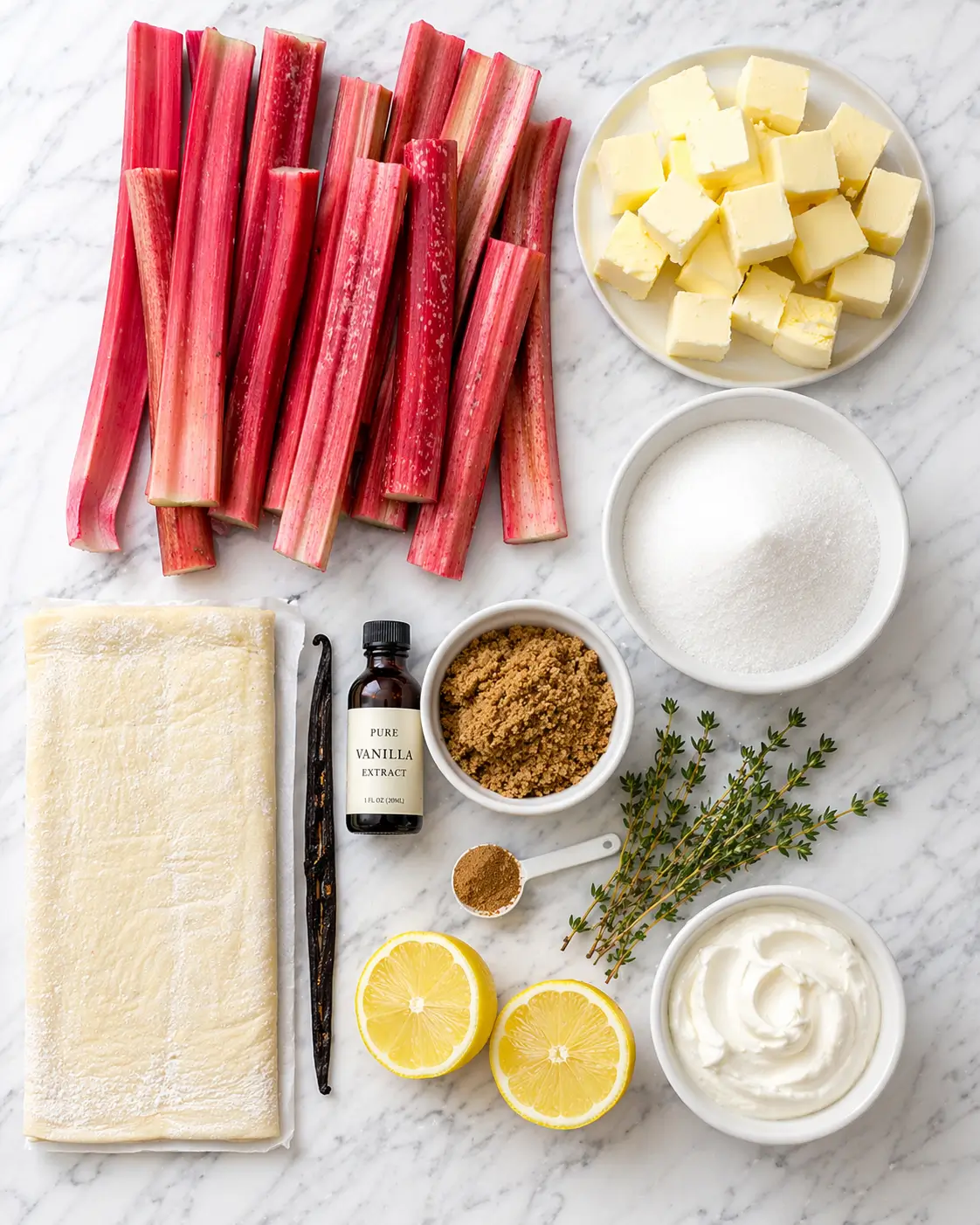 All rhubarb tarte tatin ingredients laid out on a white marble surface including fresh pink rhubarb stalks butter sugar vanilla pod puff pastry fresh thyme orange and crème fraîche