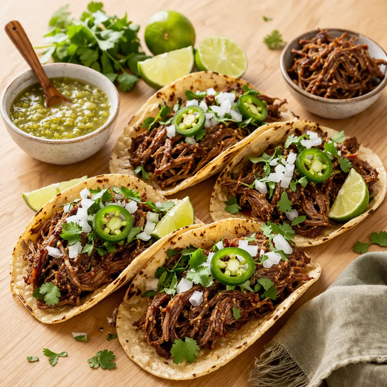 Slow Cooker Beef Barbacoa Tacos served on a wooden table