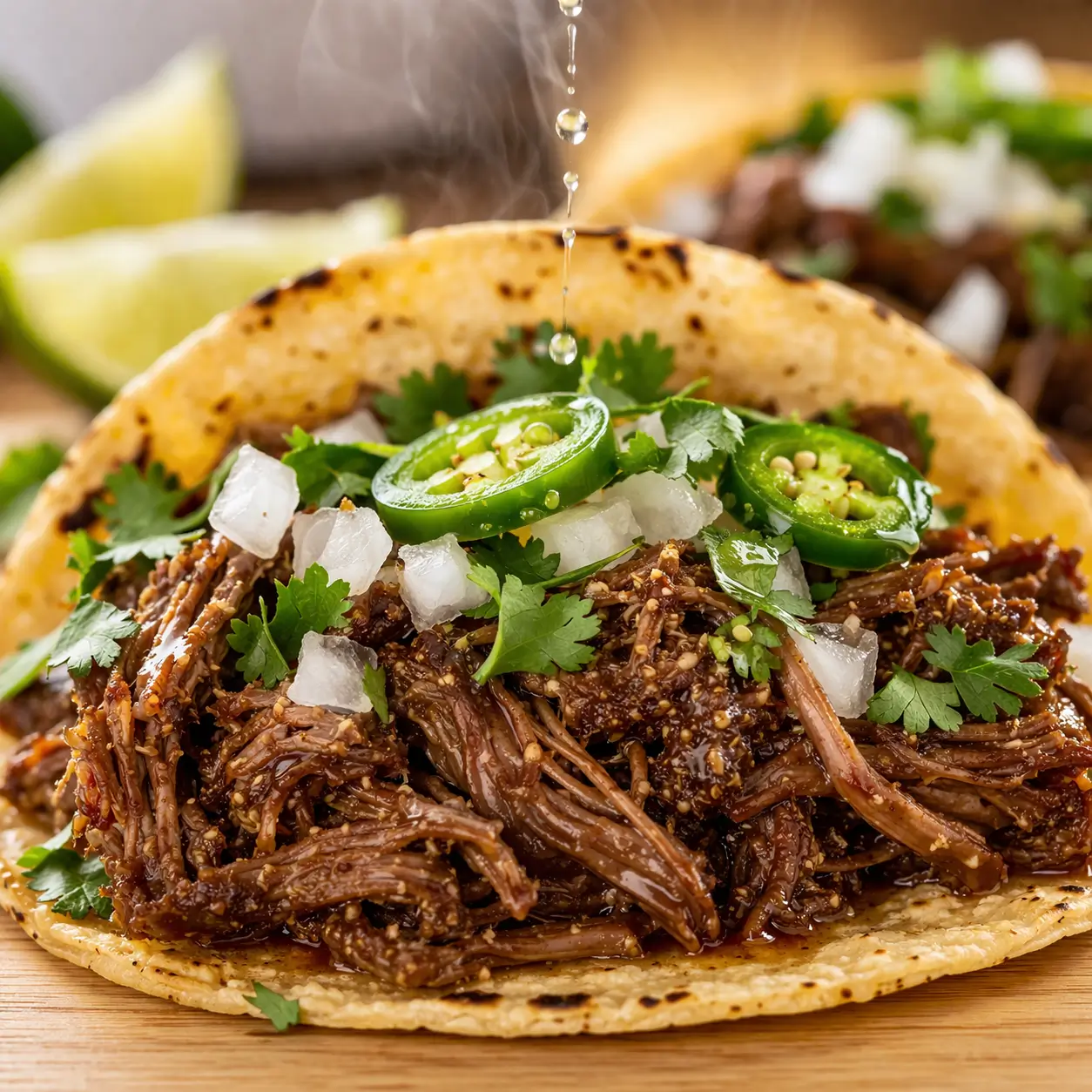Close-up front view of a Slow Cooker Beef Barbacoa Taco showing the cross-section of fillings