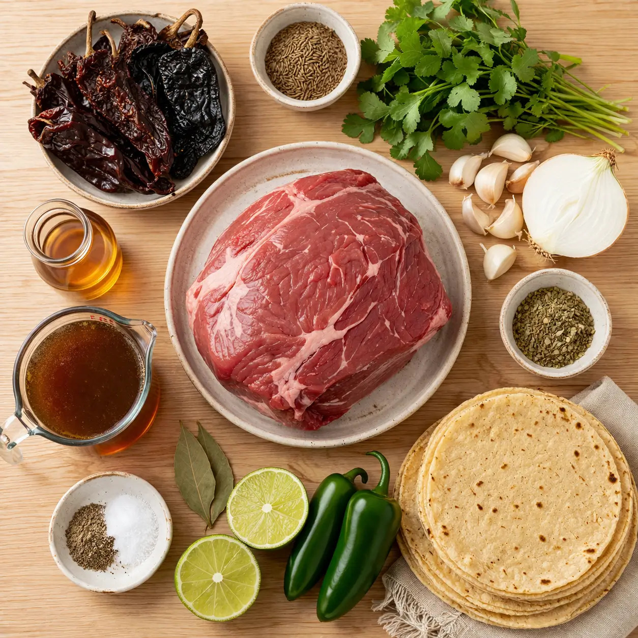 All ingredients for Slow Cooker Beef Barbacoa Tacos laid out on a wooden table