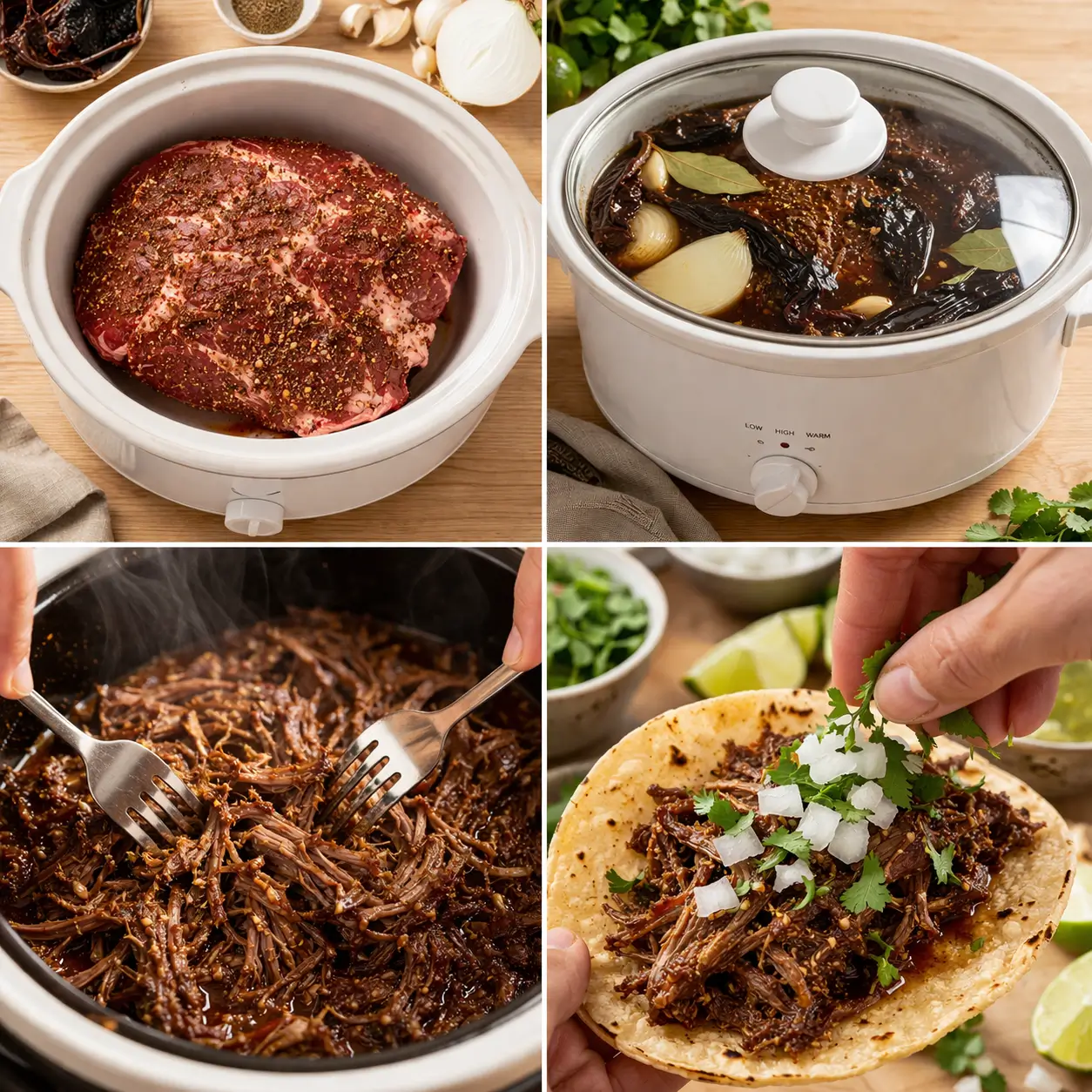 Step-by-step collage showing how to make Slow Cooker Beef Barbacoa Tacos