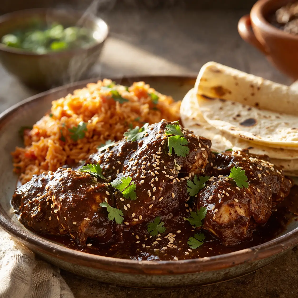 Close-up of slow cooker chicken mole with glossy sauce and garnishes